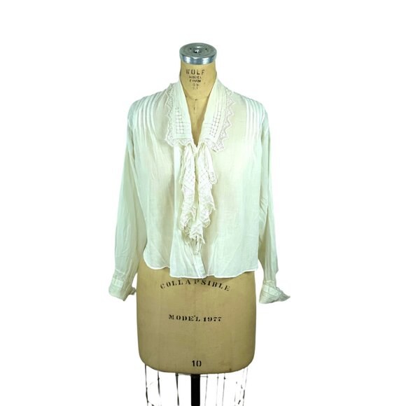 Edwardian white blouse with jabot and open work and handmade lace Size M/L - Picture 1 of 10
